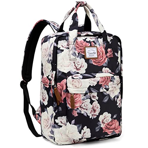 VASCHY Laptop Rucksack für Damen, 15,6 Zoll Schulrucksack für Teenager Mädchen Bookbag Daypack Wasserdichte für College, Reisen, Arbeit, Geschenke Rose mit Blumen von VASCHY