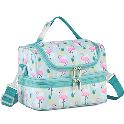 VASCHY Kühltasche für Kinder, Lunchtasche, tragbar, mit separaten Fächern, wiederverwendbar, für Mittagessen, mit verstellbarem Schultergurt, für Schule und Picknick, Flamingo von VASCHY