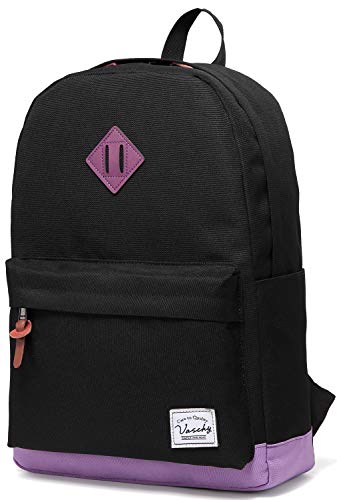 VASCHY Rucksack, Wasserabweisend 15.6 Zoll Daypack Dame Schulrucksäcke Mädchen Jungen Teenager Herren Rücksack Tagesrucksack für Reisen Arbeit Täglicher Schwarz und Lila von VASCHY