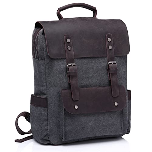 VASCHY Vintage Rucksack aus Leder, Segeltuch, Reisetasche, Campus, Freizeit, geeignet für 15-Zoll-Laptop, grau, one size, Einfach von VASCHY