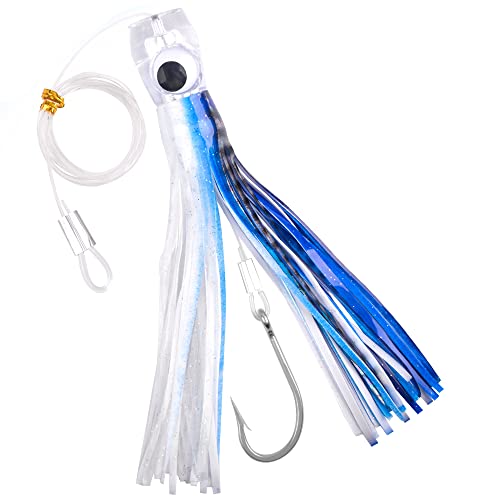 Salzwasser Schleppköder 21,8 cm Angeln Weiche Oktopus Röcke Köder Big Game Hai Haken Marlin Köder Thunfisch Mahi Delphin Durado Wahoo Rigged Trolling Lure Schwarz Weiß Blau von VATEICO