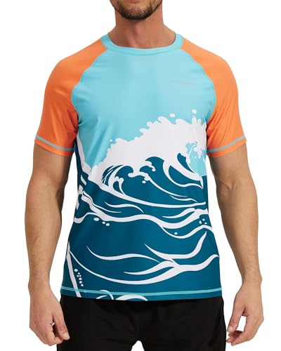 VAYAGER Herren-Bade-Shirt, Rashguard, LSF 50+, schnelltrocknend, lockere Passform, Wasser-Surf-Shirt, Orange/blaue Wellen, 5X-Large von VAYAGER