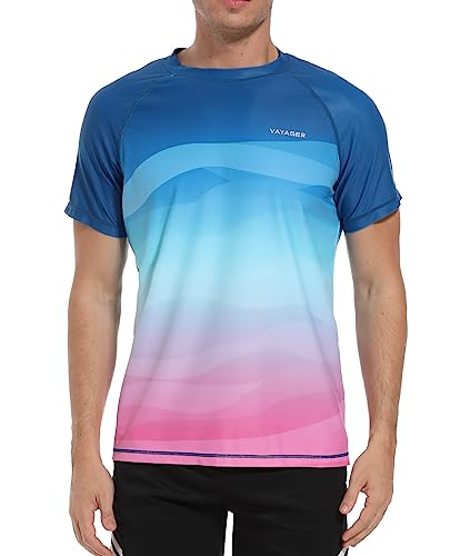 VAYAGER Herren-Badeshirts Rash Guard UPF 50+ Kurzarm, schnell trocknend, lockere Passform, Wassersurf-Shirt(Blue pink-XXL) von VAYAGER