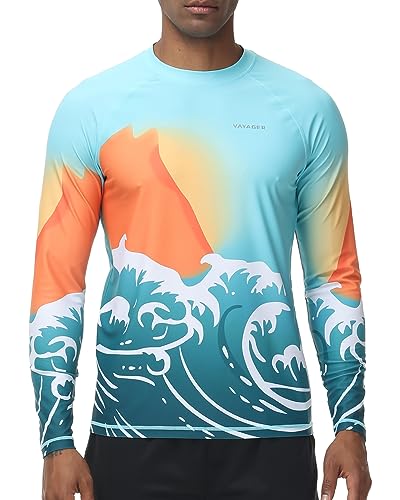 VAYAGER Herren Schwimmshirts UPF 50+ Rashguard Langarm Schnelltrocknendes T-Shirt Locker sitzendes Wasser Angeln UV-Schutzshirts(Blau/Sonne XXL) von VAYAGER