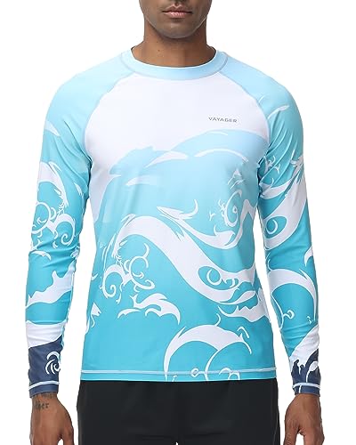 VAYAGER Herren Schwimmshirts UPF 50+ Rashguard Langarm Schnelltrocknendes T-Shirt Locker sitzendes Wasser Angeln UV-Schutzshirts(Blaue Wellen 3XL) von VAYAGER