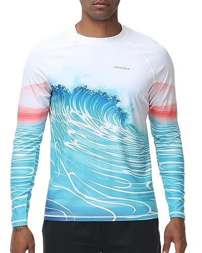 VAYAGER Herren Schwimmshirts UPF 50+ Rashguard Langarm Schnelltrocknendes T-Shirt Locker sitzendes Wasser Angeln UV-Schutzshirts(Weiß Blau 3XL) von VAYAGER