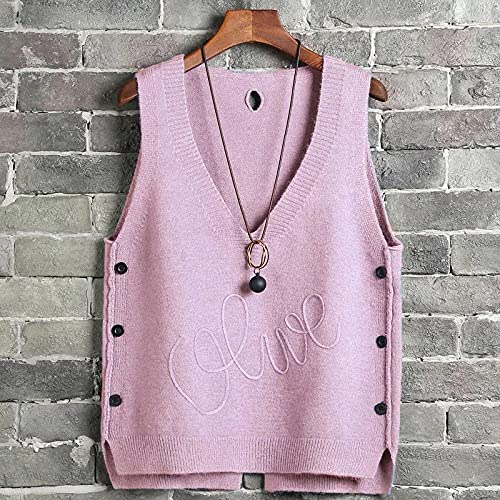 VBHJK Strickweste Damen,Damen V-Ausschnitt Gilets Strickweste Einfarbige Seitenknöpfe Unregelmäßiges Design Brief Liebe Jacquard Lässiges Tank Top Vintage Pullover Ärmellose Weste Jumper Uniform Prep von VBHJK