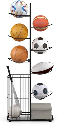 VBVARV Sportgeräte Organisator Basketball-Rack 7-Tier Mit Abnehmbaren Hängsstangen Seitenballkorb Für Garage, Spielzeugorganisator von VBVARV