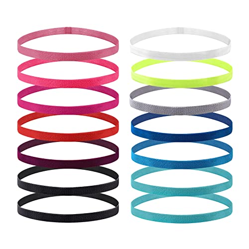 VEGCOO 14 Sport Stirnband Dünn Antirutsch Elastische Stirnbänder Sport Haarband Dünn rutschfest Geeignet für Jungen Mädchen Und Kinder(Fluoreszierendes orange,Fluoreszierendes gelb,lila,kieferngrün) von VEGCOO