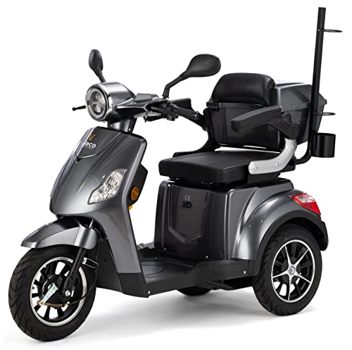 VELECO DRACO - 3-Rad Mobilitätsroller - komplett montiert und fahrbereit - elektromagnetische Bremse - Gehstockhalterung - Getränkehalter - Kofferraum - Dreirad Seniorenmobil (GRAU) von VELECO
