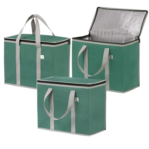 VENO 29 Liter Einkaufstasche Wiederverwendbare Faltbar Kühltasche Einkaufskorb, Groß Picknickkorb Robuste Isoliertasche Lunchtasche, Aufrecht Stehend Thermotasche (Grün, 3er-Pack) von VENO