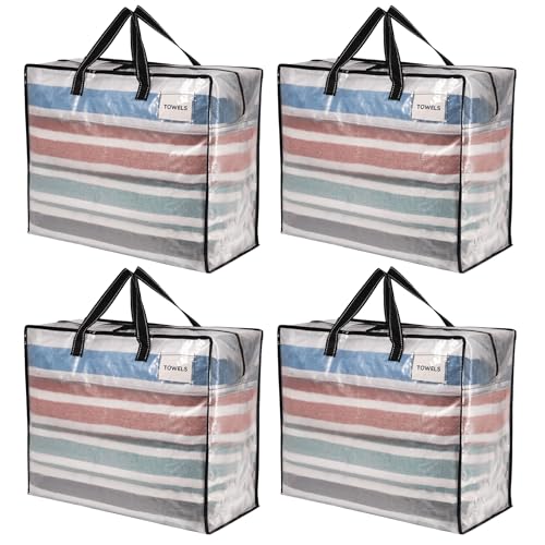 VENO 84 Liter Extra Groß Aufbewahrungstasche mit starke Griffe und Reißverschlüssen für Umzug, Aufbewahrungsboxen, Kleideraufbewahrung, Unterbett Aufbewahrungsbox，Reisetasche (M Transparent,4-er Set) von VENO