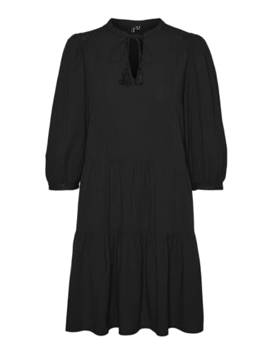 VERO MODA Damen Kurzes Crepe Kleid mit Kordel Midi Dress 3/4 Ärmel Sommerkleid Tunika, Farben:Schwarz, Größe:L von VERO MODA
