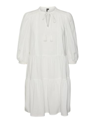 VERO MODA Damen Kurzes Crepe Kleid mit Kordel Midi Dress 3/4 Ärmel Sommerkleid Tunika, Farben:Weiß, Größe:L von VERO MODA
