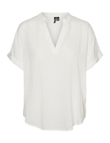 VERO MODA Damen Top Casual Splitneck umgeschlagene Ärmelbündchen Bluse Kurzarm, Farben:Weiß, Größe:XL von VERO MODA