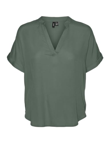 VERO MODA Damen Top Casual Splitneck umgeschlagene Ärmelbündchen Bluse Kurzarm, Farben:Grün-2, Größe:S von VERO MODA