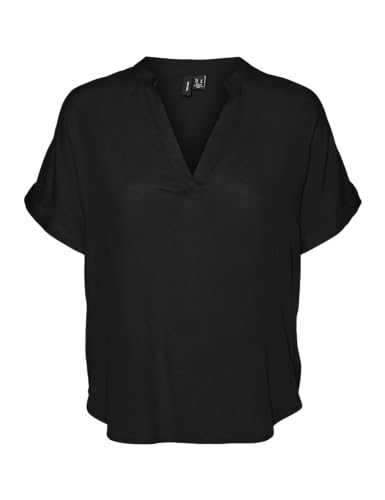 VERO MODA Damen Top Casual Splitneck umgeschlagene Ärmelbündchen Bluse Kurzarm, Farben:Schwarz, Größe:XL von VERO MODA