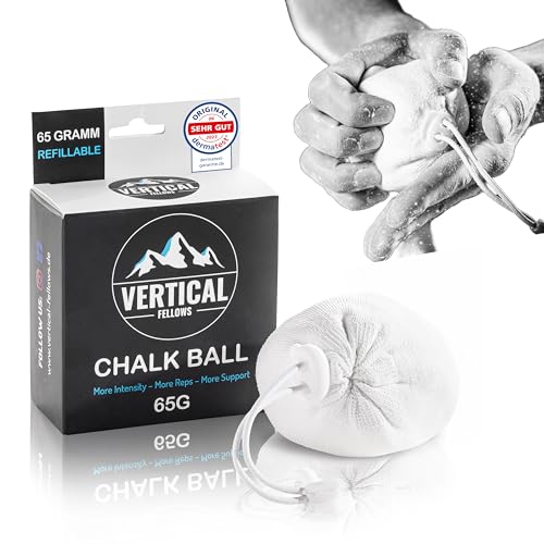 VERTICAL FELLOWS Chalk Ball 65 Gramm wiederbefüllbar - DERMATEST sehr gut - idealer Kreide & Magnesia Chalkball für Klettern Bouldern Turnen Gewichtheben Cross Fit von VERTICAL FELLOWS