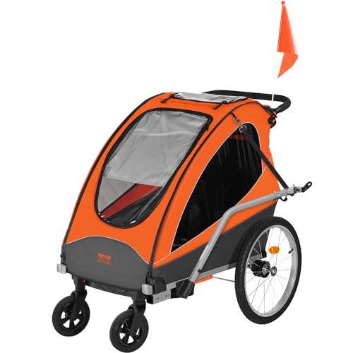 VEVOR Fahrradanhänger Doppelsitz, 54 kg Tragkraft, 2-in-1-Verdeckträger, umbaubar in Kinderwagen, Faltbarer Kinderfahrradanhänger zum Ziehen mit universeller Fahrradkupplung, Orange und Grau von VEVOR