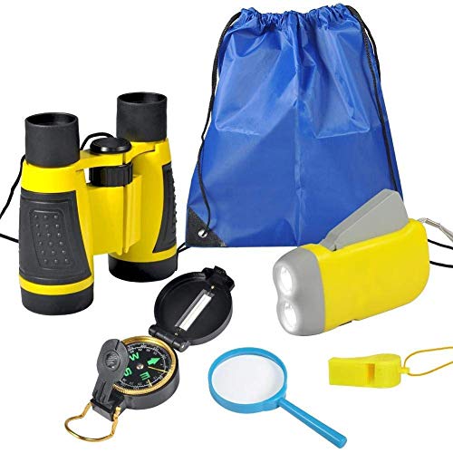 Fernglas Set für Kinder, 6PCS Kinder Ferngläser Handkurbel Taschenlampe, Mini Kompass, Lupe, Whistle und Kordelzug Rucksack Spielzeug Kit für Camping Wandern(Gelb) von VGEBY1