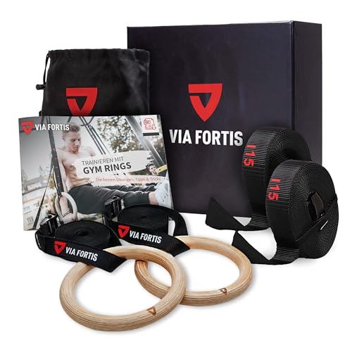 VIA FORTIS Premium Turnringe aus Holz inkl. Gurte, Tasche & Workout-Guide – Gym Ringe für Calisthenics & Crossfit in Wettkampfausführung – extrabreite Gurte mit Markierungen von VIA FORTIS
