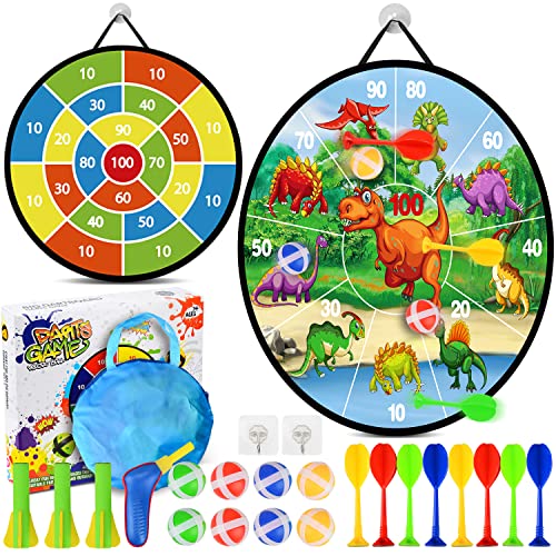 Dartscheibe Kinder Spielzeug, 72CM Doppelseitig Dinosaurier Thema Klett Dartscheibe mit 8 Bällen, 8 Dartpfeile und Tasche, Indoor Outdoor Spiele für Kinder und Erwachsene, Geschenk für Kinder von VICTERR