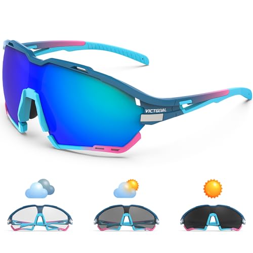 Victgoal Fahrradbrille Herren Damen UV400 Schutz Sonnenbrille, mit 2 Wechselgläser Polarisierte & Photochrome, Schutzbrille Sportbrille für Outdoorsports wie Radfahren Laufen Angeln (Blau) von Victgoal