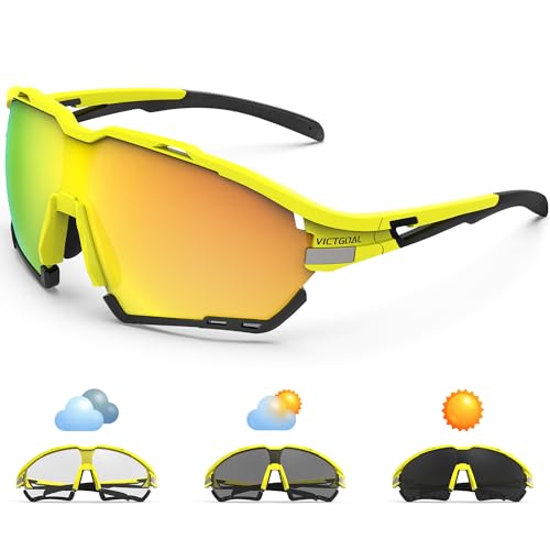 Victgoal Fahrradbrille Herren Damen UV400 Schutz Sonnenbrille, mit 2 Wechselgläser Polarisierte & Photochrome, Schutzbrille Sportbrille für Outdoorsports wie Radfahren Laufen Angeln (Gelb) von Victgoal