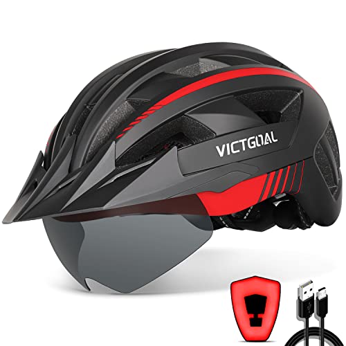 VICTGOAL Fahrradhelm Herren Damen MTB Helm mit Abnehmbarer Magnetische Schutzbrille Visier Atmungsaktiv mit 21 Belüftungskanäle Radhelm Einstellbare Fahrradhelme (M: 54-58cm, Schwarz Rot) von Victgoal