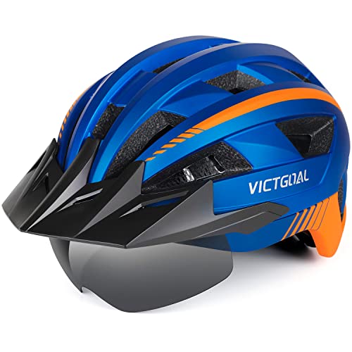 VICTGOAL Fahrradhelm MTB Mountainbike Helm mit magnetischem Visier Abnehmbarer Sonnenschutzkappe und LED Rücklicht Radhelm Rennradhelm für Erwachsenen Herren Damen (L: 57-61cm, Blue) von Victgoal
