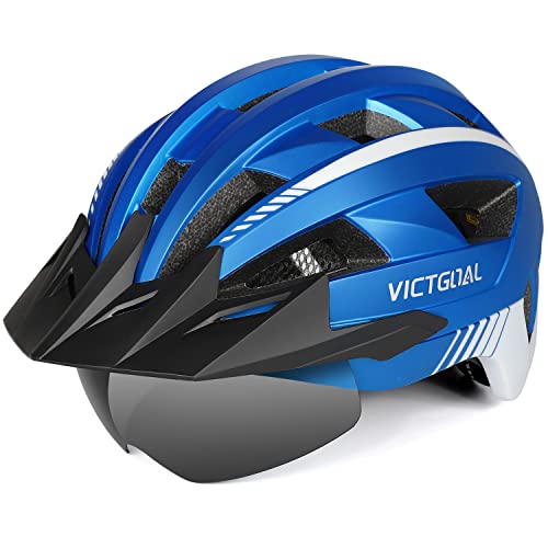 VICTGOAL Fahrradhelm MTB Mountainbike Helm mit magnetischem Visier Abnehmbarer Sonnenschutzkappe und LED Rücklicht Radhelm Rennradhelm für Erwachsenen Herren Damen (L: 57-61cm, Metalblue) von Victgoal