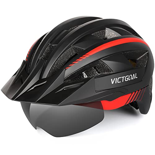 VICTGOAL Fahrradhelm MTB Mountainbike Helm mit magnetischem Visier Abnehmbarer Sonnenschutzkappe und LED Rücklicht Radhelm Rennradhelm für Erwachsenen Herren Damen (M: 54-58cm, Black Red) von Victgoal