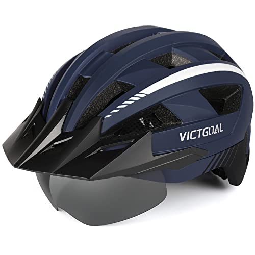 VICTGOAL Fahrradhelm MTB Mountainbike Helm mit magnetischem Visier Abnehmbarer Sonnenschutzkappe und LED Rücklicht Radhelm Rennradhelm für Erwachsenen Herren Damen (M: 54-58cm, Navy) von Victgoal