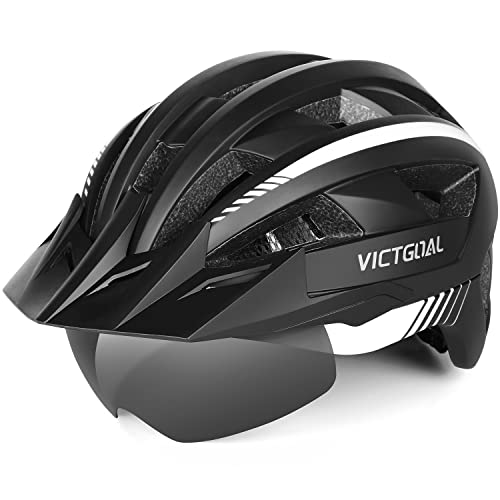 VICTGOAL Fahrradhelm MTB Mountainbike Helm mit magnetischem Visier Abnehmbarer Sonnenschutzkappe und LED Rücklicht Radhelm Rennradhelm für Erwachsenen Herren Damen (XL: 59-63cm, Black White) von Victgoal