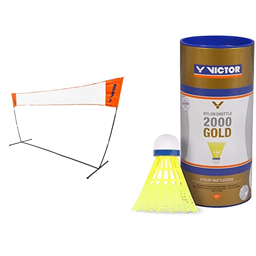 VICTOR Easy Badmintonnetz - Höhenverstellbares Outdoor Multifunktionsnetz, 350 * 155 & Nylon Shuttle 2000 Gold Federball 6er Dose gelb-blau von VICTOR