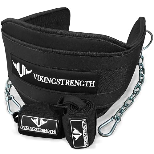 Vikingstrength Tauchgurt zum Gewichtheben inkl. Handgelenkbandagen Premium gepolsterter Dip-Gürtel mit langer Kette für Klimmzüge, Trizeps und Kniebeugen. Beschwerter Gürtel für Workout von VIKINGSTRENGTH