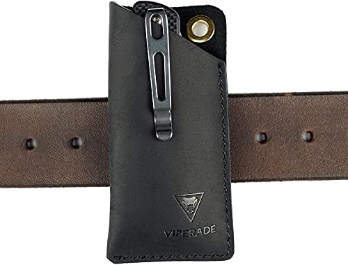 VIPERADE PJ11 Leder EDC Pocket Slip für Rebar Kick/Kratermesser Minimesser Taschenlampe Multitool EDC Lederholster Kleine Leder-Allzweckmesserscheide für Gürtel mit Clip (Schwarz) von VIPERADE