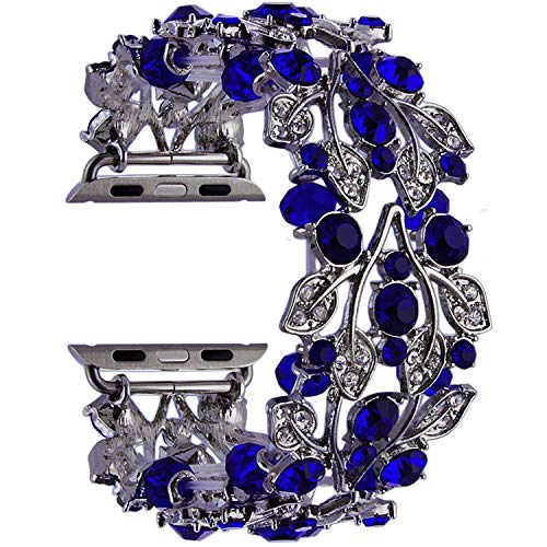 VIQIV Bling Bänder für kompatible Apple Watch 38 mm 40 mm 42 mm 44 mm iwatch Serie 5 4 3 2 1 Diamant Strass Edelstahl Metall Armband Armband für Frauen, Damen, Silber mit blauen Perlen, 44mm von VIQIV