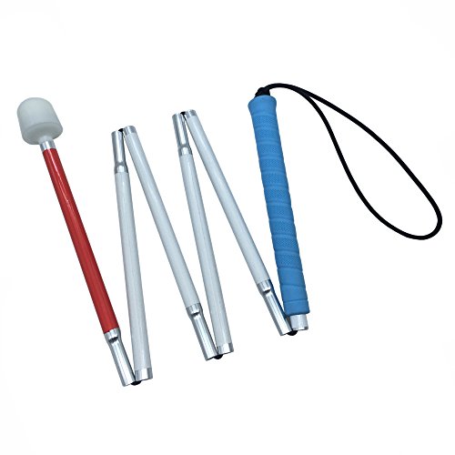 Blindenlangstock,weiße Stock,Faltlangstock mit Kautschukgriff, Kunststoff-Rollspitze, 6-teilig (125cm (49.2inch), Blau Griff) von VISIONU