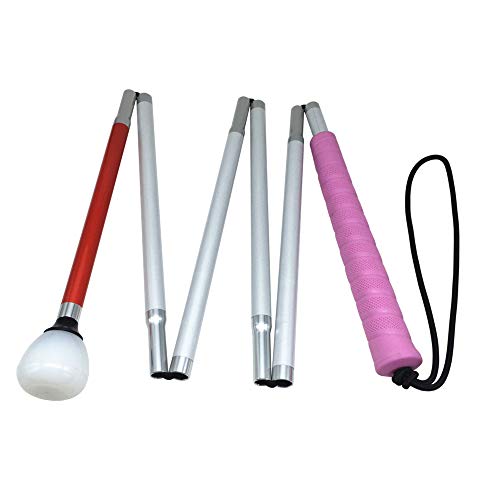 VISIONU Aluminium Faltlangstock mit 6 Stocksegmenten,Kunststoff-Rollspitze, weiße Stock für Blinde (Rosa Griff, 135 cm) von VISIONU
