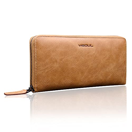 VISOUL Premium Brieftasche Echtleder/Italienisches Leder mit RFID-Schutz, XL Geldbörse für Herren Khaki L02 von VISOUL