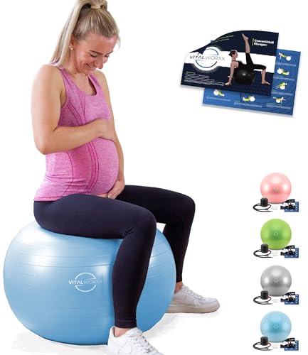 VITALWORXX Gymnastikball für Schwangere, extrem stabil, Sitzball Yogaball Pezziball 65 cm mit Pumpe, mit Übungen für Schwangerschaft, Geburt, Gesundheit, von VITALWORXX