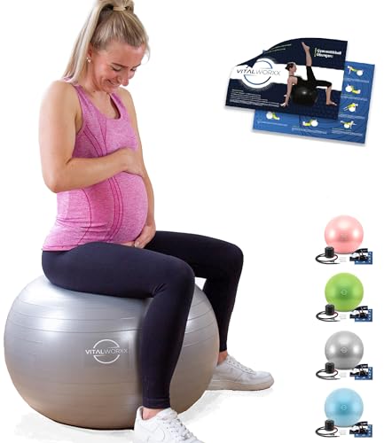 VITALWORXX Gymnastikball für Schwangere, extrem stabil, Sitzball Yogaball Pezziball 75 cm mit Pumpe, mit Übungen für Schwangerschaft, Geburt, Gesundheit, von VITALWORXX