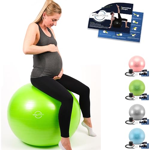VITALWORXX geruchsneutraler Gymnastikball mit großer Materialstärke und Berstschutz, hautfreundlich, angenehm weich, ideal für Schwangere, Pezziball mit Pumpe, inkl. Ebook für Schwangere von VITALWORXX