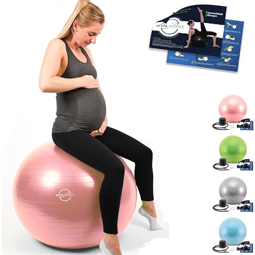 VITALWORXX geruchsneutraler Gymnastikball mit großer Materialstärke und Berstschutz, hautfreundlich, angenehm weich, ideal für Schwangere, Pezziball mit Pumpe, inkl. Ebook für Schwangere von VITALWORXX