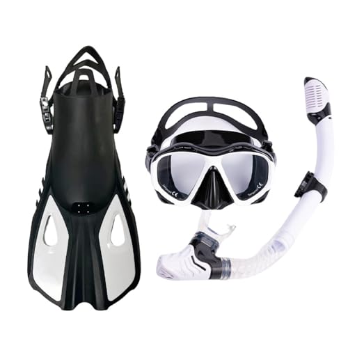 Schnorchelset mit Flossen, 180° Panorama Weitblick Taucherbrille und Verstellbaren Flossen, Hochwertige Tauchermaske für Erwachsene, Jungen und Mädchen-White +Black||L/XL von VIXANI
