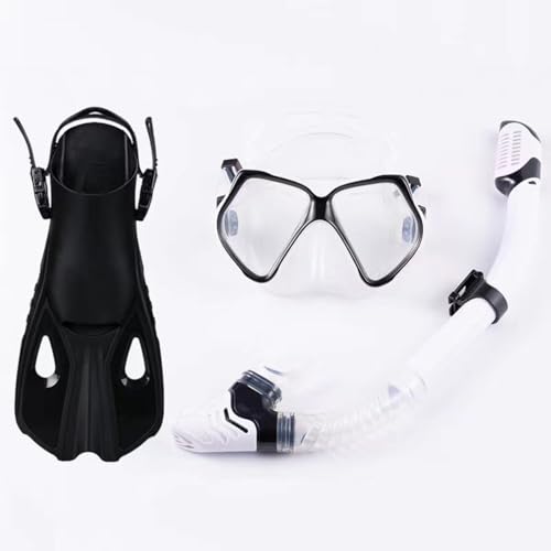 Schnorchelset mit Flossen, Schnorchelausrüstung in Reisegröße mit Schwimmflossen, Hochwertige Tauchermaske für Kinder Erwachsene-Black+White||L/XL von VIXANI