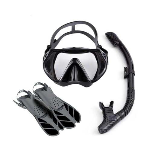 Schnorchelset mit Flossen, Schnorchelausrüstung in Reisegröße mit Schwimmflossen, Hochwertige Tauchermaske für Kinder Erwachsene-Black-D||L/XL von VIXANI