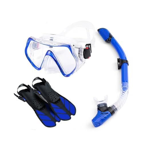 Schnorchelset mit Flossen, Schnorchelausrüstung in Reisegröße mit Schwimmflossen, Hochwertige Tauchermaske für Kinder Erwachsene-Blue-D||S/M von VIXANI