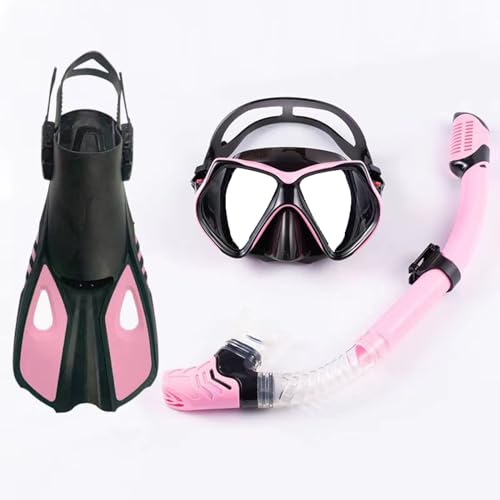 Schnorchelset mit Flossen, Schnorchelausrüstung in Reisegröße mit Schwimmflossen, Hochwertige Tauchermaske für Kinder Erwachsene-Pink-A||L/XL von VIXANI